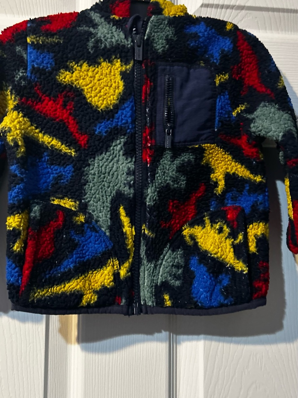 Old Navy Red, Blue and Black Sherpa Dinosaur Zip Jacket